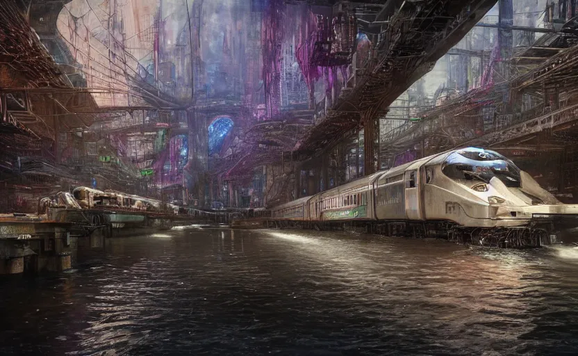 Prompt: An urban train rides inside of a waterway on a fantasy city, hyperrealistic mixed media, stunning 3d render inspired art by P. Craig Russell and Barry Windsor-Smith + perfect facial symmetry + dim volumetric lighting, 8k octane beautifully detailed render, post-processing, extremely hyperdetailed, intricate futuristic mechanic parts, epic composition, grim yet sparkling atmosphere, cinematic lighting + masterpiece, trending on artstation