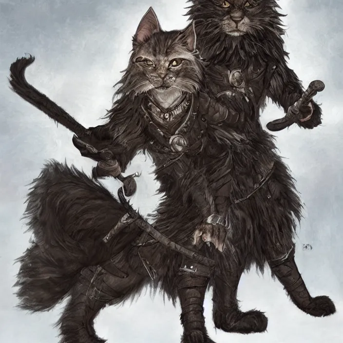 Image similar to Khajit Tabaxi Catfolk Humanoid with Maine Coon features and black fur holding two shortswords cloaked in shadow and wearing leather armor, Dungeons and Dragons, pure white background, Fantasy, Tarot card style, Half Body Portrait, High detail, hyper realistic