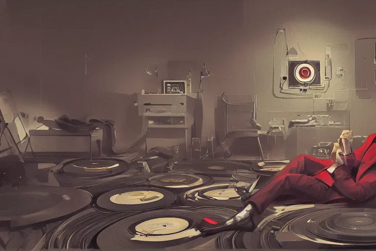 Image similar to an expressive portrait of agent 4 7 wearing headphones and laying on a floor of vinyl records, dark background, red rim light, digital art, artstation, concept art by giger stalenhag