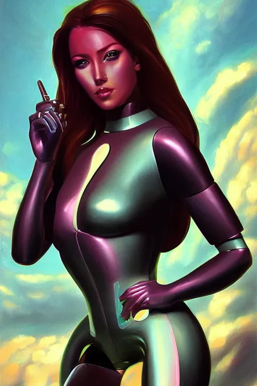 Prompt: retrofuturistic female android, painting by artgerm julie bell beeple