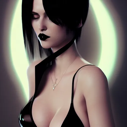 Prompt: portrait of a classy pale voluptuous goth woman with an elaborate elegant black-red latex striped high-neck outfit, cgsociety, photorealistic, sublime, cool, badass, evil, 16k, smooth, sharp focus, trending on ArtStation, volumetric lighting