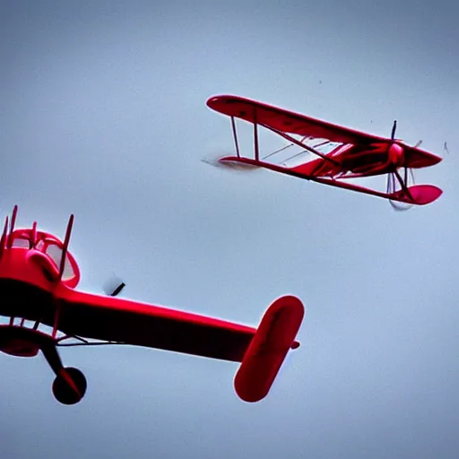 Image similar to Red biplane flying through a hurricane, lightning in the background.