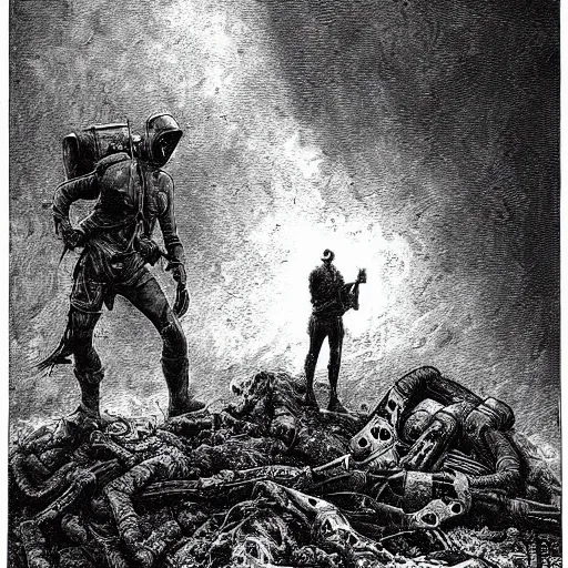 Prompt: Fallout, soldier with a gasmask, dark clouds, fire, burning, dark, eerie, dystopian, city, eldritch, illustration by Gustave Doré