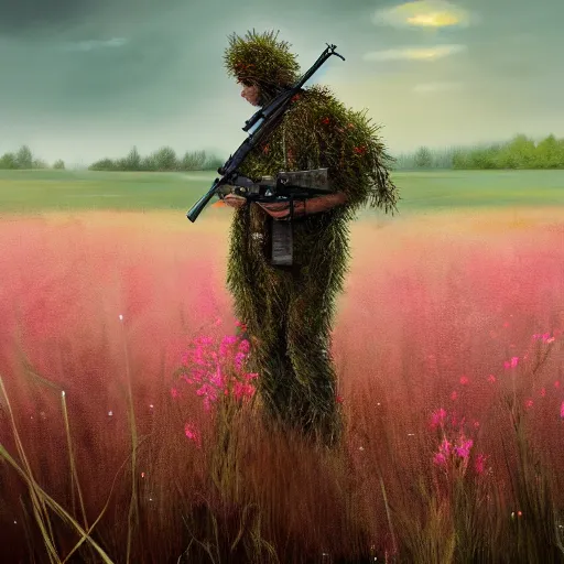Prompt: a sniper in ghillie suit with pink flowers, walking in high grass field, digital art, trend on artstation, oil painting, concept art, cinematic, cinematic lighting