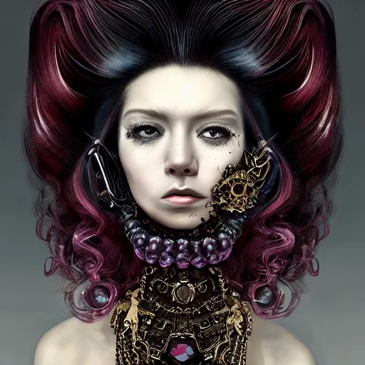 Image similar to portrait, headshot, insanely nice hair style, dramatic hair color, digital painting, of a old 17th century, old cyborg lawyer, Ruby's and Diamonds, black pearls, baroque, ornate clothing, scifi, realistic, hyperdetailed, chiaroscuro, concept art, art by Franz Hals and Jon Foster and Ayami Kojima and Amano and Karol Bak,