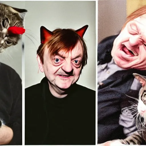 Prompt: laughing mark e smith with a cute kitty on his head