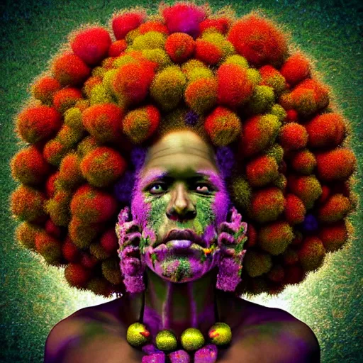 Image similar to an african marijuanna! shaman with an afro made of flowers, third eye art art by machina infinitum, complexity from simplicity, rendered in octane, mandelbulb 3 d, ambient occlusion, radiant lighting, macro photography, felt!!! texture, tribal, pastel! retrowave