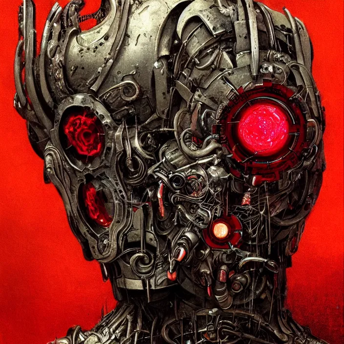 Image similar to in the art style of h. r. giger a portrait of a ruby ultron from age of ultron, clockwork steampunk, head and chest only, by beksinski, 4 k, deviantart, trending on artstation