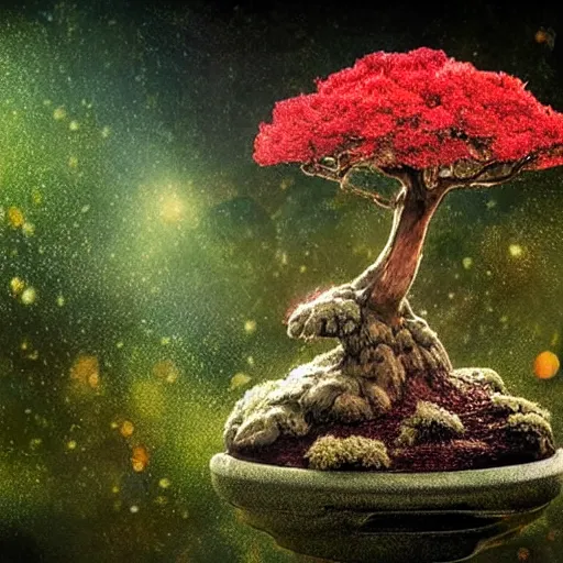 Image similar to A picture of a planet of various flowers, fungus and plants, Bonsai , in which the human figure is dressed in something magical and impressive, inside the picture is infinity, muted light, BotanicalAtmospheric phenomenon, artistic photography, muted colors, conceptual, Kodachrome