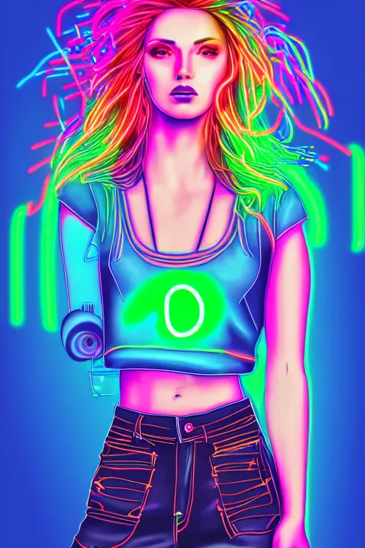 Image similar to a award winning half body portrait of a beautiful woman with stunning eyes in a croptop and cargo pants with hair like rainbow colored smoke, outlined by whirling illuminated neon lines, outrun, vaporware, shaded flat illustration, digital art, trending on artstation, highly detailed, fine detail, intricate
