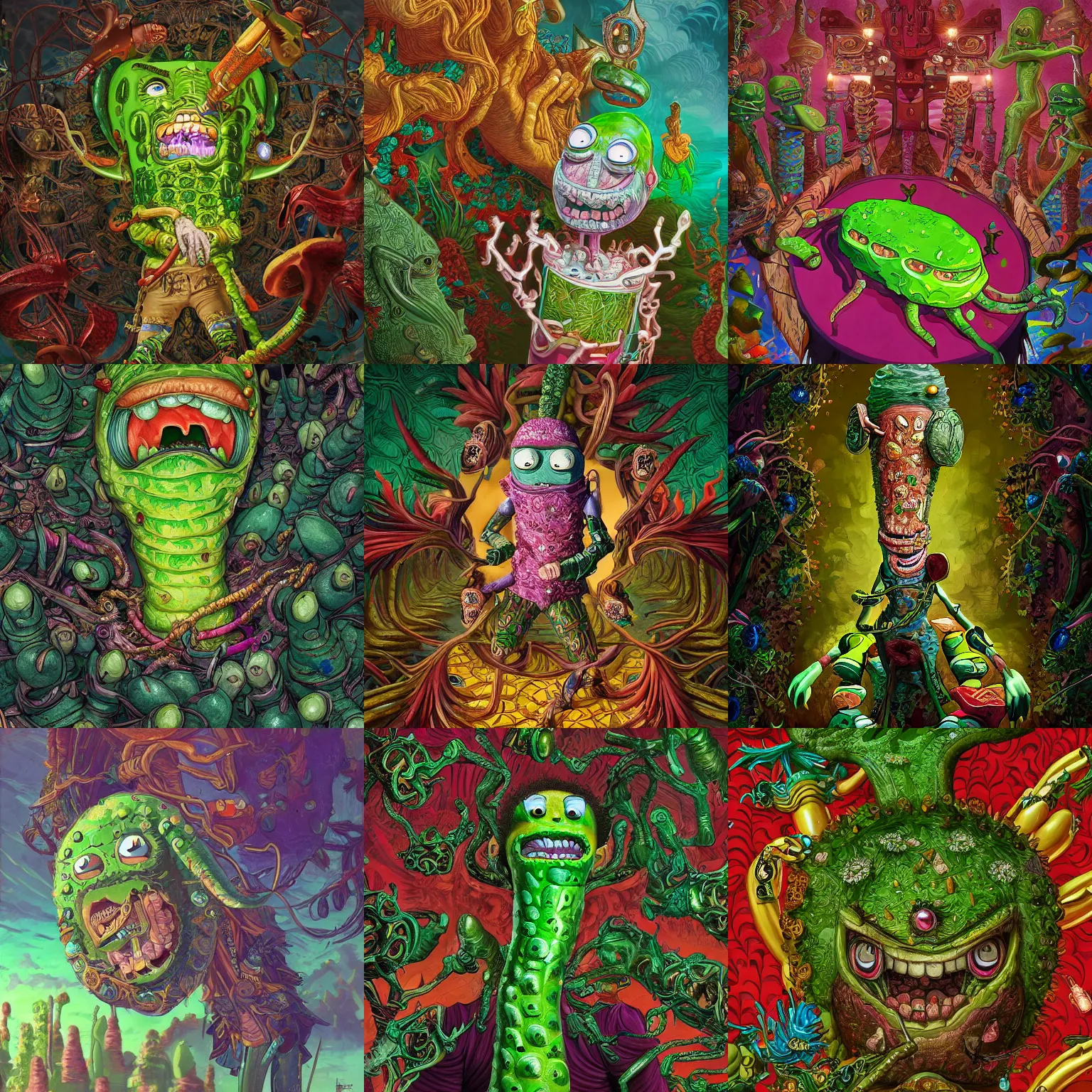 Image similar to Pickle Rick fantasy, fantasy magic, intricate, sharp focus, illustration, highly detailed, digital painting, concept art, jahbu art and Paul lewin and kehinde wiley, masterpiece