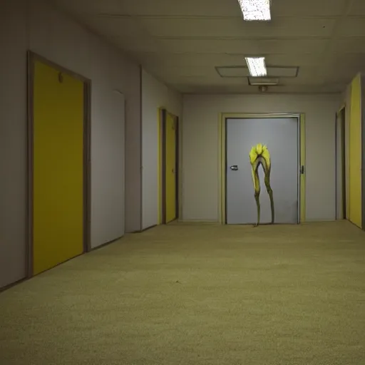 Prompt: Creepy creature in the backrooms, old moist carpet, mono-yellow, fluorescent lights, randomly segmented rooms, eerie