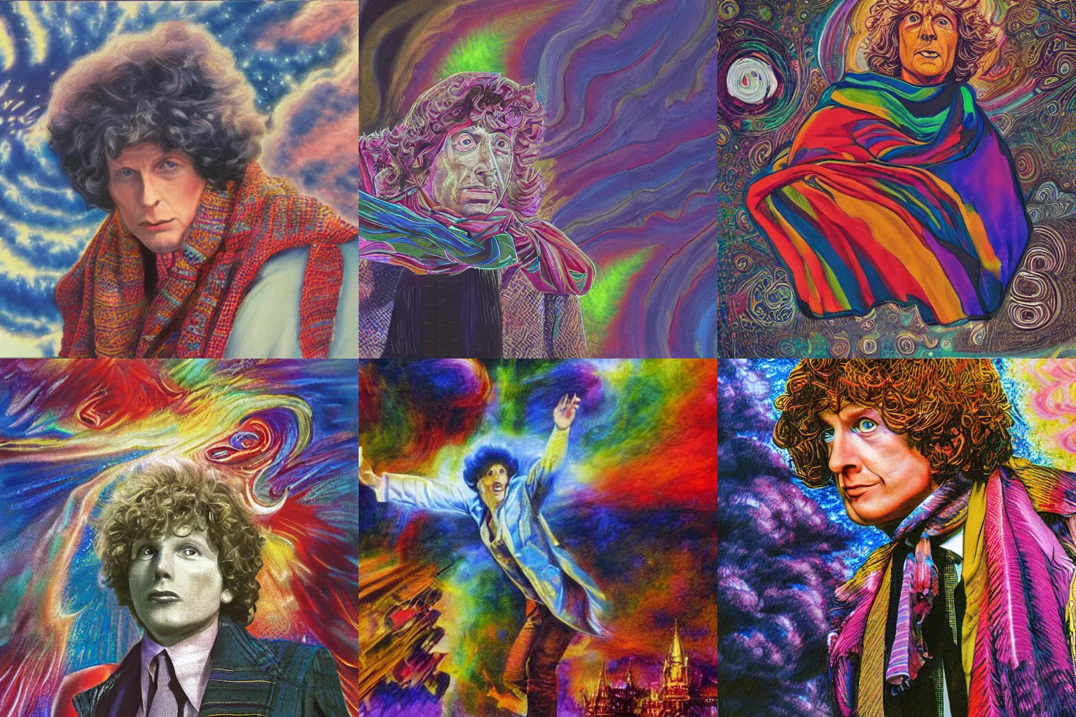 Prompt: tom baker using his scarf to fly, psychedelic, clouds, 4 k, intricate high details, sharp, 1 9 7 7, photo realistic, matt finish, realistic shadows, psychedelic