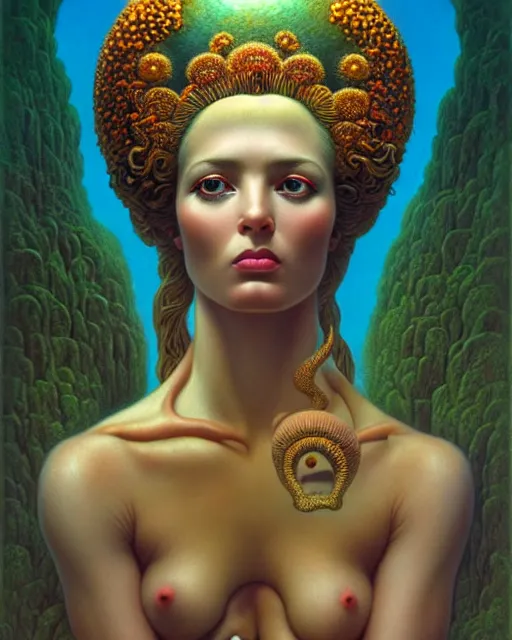 Image similar to portrait of the goddess of fungi, unusual beauty, emotionally evoking symbolic metaphors, head in focus, fantasy, ornamental, intricate, elegant, sensual, highly detailed digital painting, artstation, concept art, painterly, golden ratio, sharp focus, illustration, art by John William Godward and Boris Vallejo and Zdzisław Beksiński,