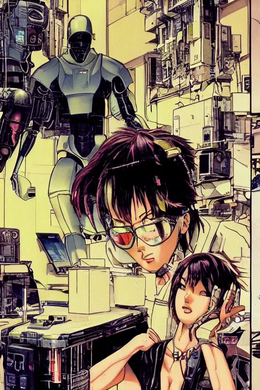 Prompt: fantastic cyberpunk illustration of motoko kusanagi in lab being repaired, by masamune shirow and katsuhiro otomo