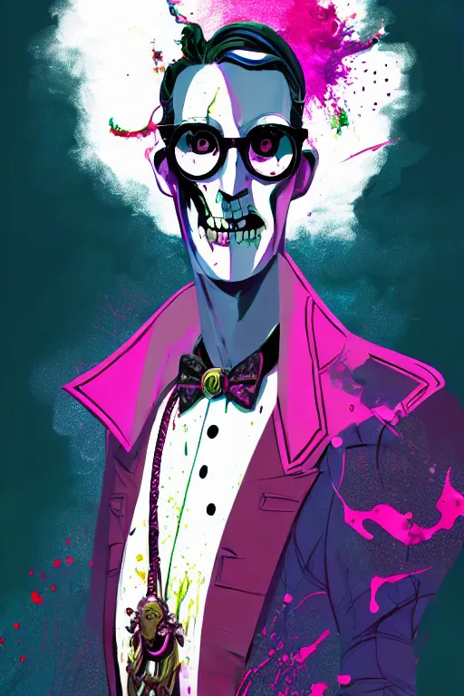 Prompt: wealthy male half necromancer, made of white gucci fabric, pixiv fanbox, dramatic lighting, maximalist pastel color palette, splatter paint, pixar and disney concept, graphic novel by fiona staples and dustin nguyen, peter elson, alan bean, wangechi mutu, clean cel shaded vector art, trending on artstation