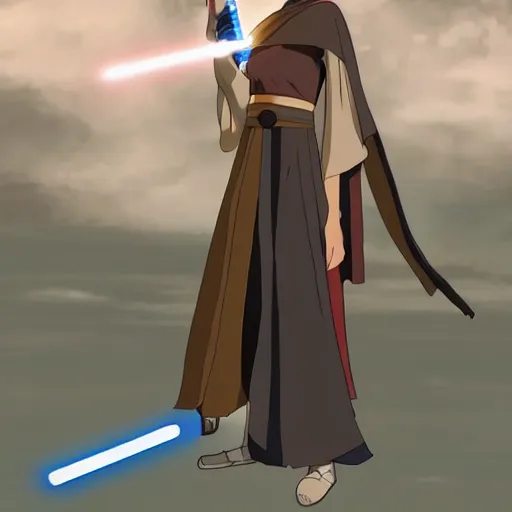 Prompt: a young jedi woman holding a lightsaber, from studio ghibli's star wars anime, sci - fi, animation