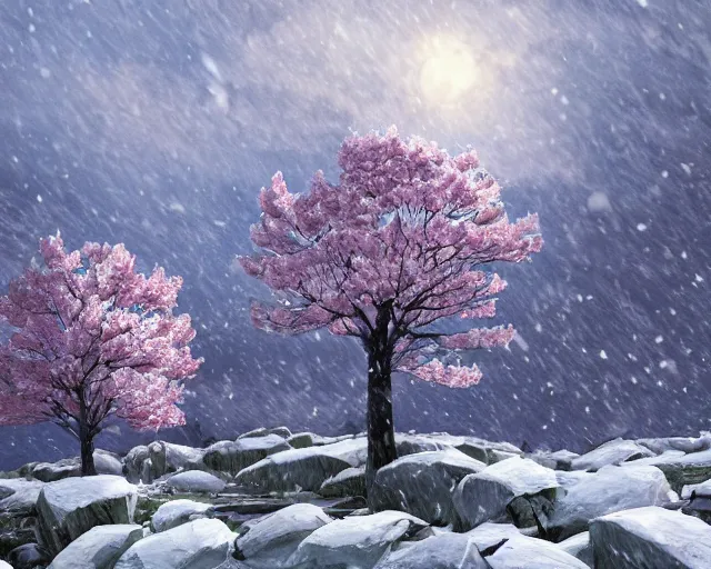 Image similar to snowy rocky field with a sakura tree, petals, cloudy, moodly lighting, snow in wind, illustration, by pine ( ハイネ ) and 薯 子 imoko and 香 川 悠 作 and wlop and maya takamura, highly detailed, trending artstation, pixiv, digital art