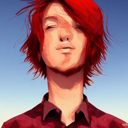 Image similar to red haired teen boy, desert in the background, artstation, highly detailed, illustration