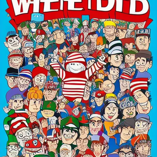 Prompt: wheres waldo cartoon by martin hanford, high resolution, highly detailed, full page