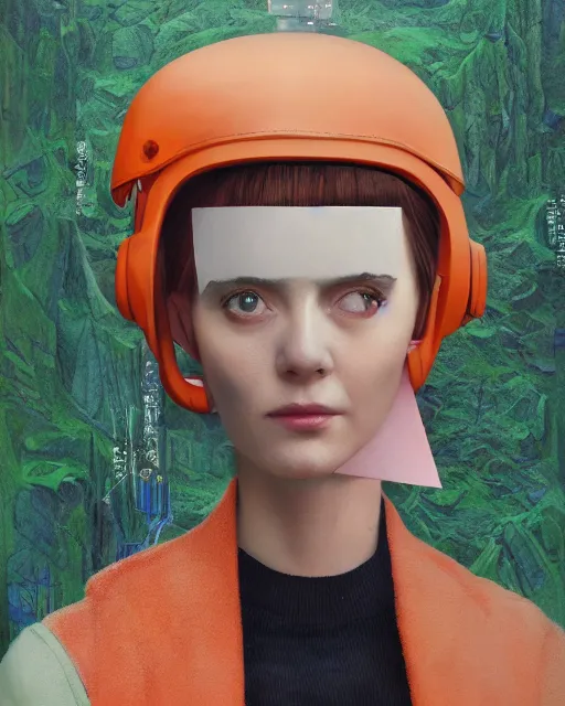 Prompt: portrait of alone androgynous female art teacher wearing long orange vintage leather coat and wearing giant modular synthesizer boombox helmet, cassette futurism. bakelite cliffs, moss green japanese forest background, ultrafine hyperdetailed illustration by hsiao - ron cheng and artgerm, the grand budapest hotel, glow, no crop, digital art, artstation, pop art