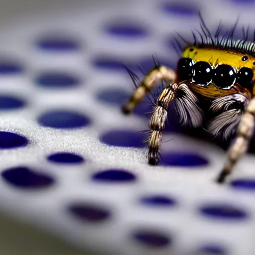 Image similar to a jumping spider using a microscopic keyboard, by pixar, macro lens, iridescent