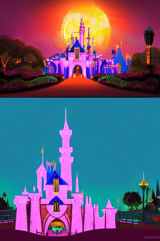 Image similar to concept art of disneyland castle, synthwave, sunset, fireworks, neon