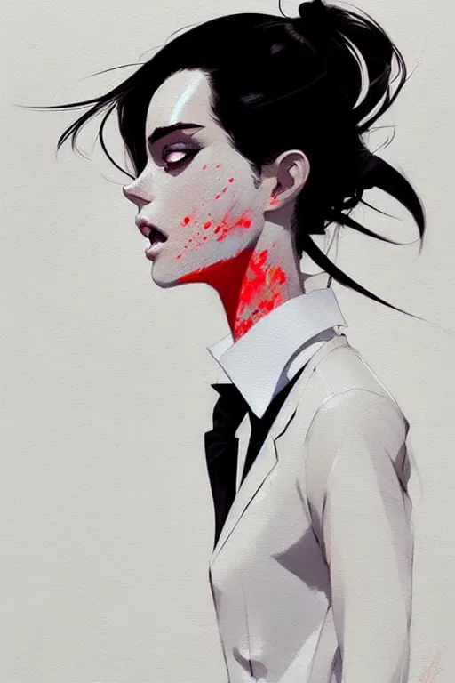 Image similar to a ultradetailed beautiful panting of a stylish woman, she is wearing a white shirt with a tie and black pants, by conrad roset, greg rutkowski and makoto shinkai trending on artstation