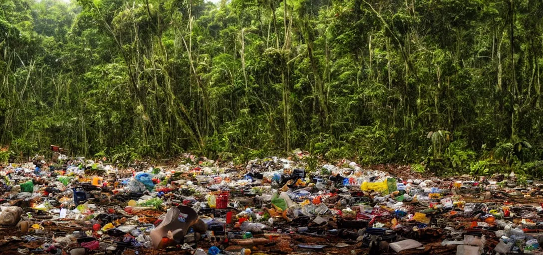Image similar to a very high resolution image from a new movie. amazon forest landscape, garbage. photorealistic, photography, directed by anthony russo
