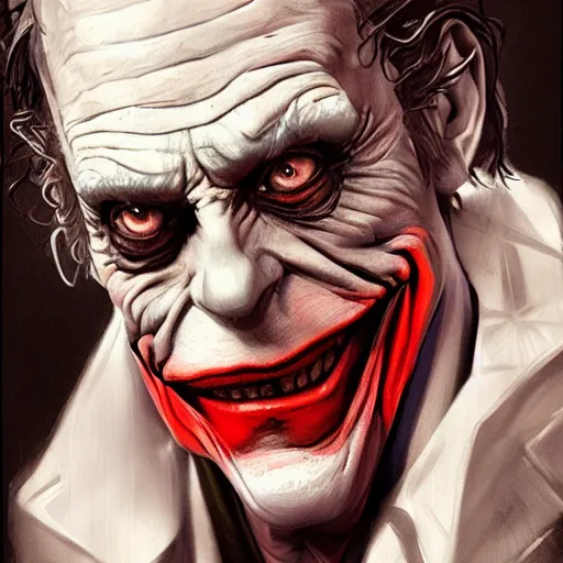 Image similar to ultra realistic illustration, christopher lloyd as the joker,, fantasy, intricate, horror, highly detailed, digital painting, artstation, concept art, sharp focus, illustration, art by artgerm and greg rutkowski and alphonse mucha