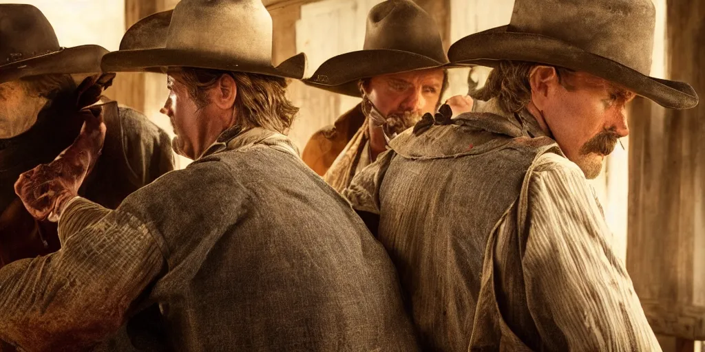 Prompt: vfx film, over the shoulder closeup, argument in the saloon of an old west town, sheriff and cowboy, face scar, western film, flat color profile low - key lighting award winning photography arri alexa cinematography, hyper real photorealistic cinematic grizzled skin, famous face, atmospheric warm colorgrade