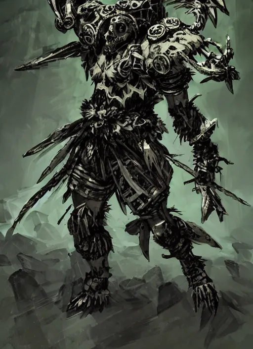 Image similar to Full body portrait of a gnoll warrior with a armour made of bones, emanating with green aura. In style of Yoji Shinkawa and Hyung-tae Kim, trending on ArtStation, dark fantasy, great composition, concept art, highly detailed, dynamic pose.