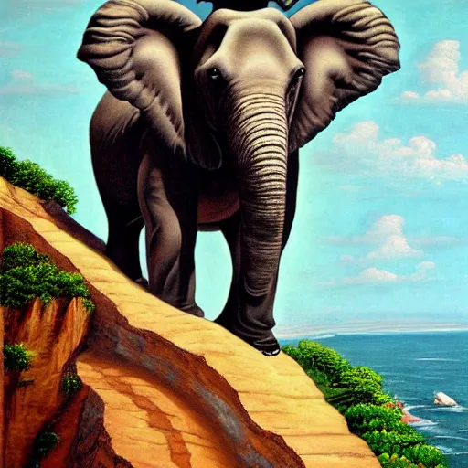 Image similar to close-up of Kim Jong-un riding an elephant on the edge of a cliff by the ocean, realism oil on canvas, 8k, highly detailed, highly intricate,