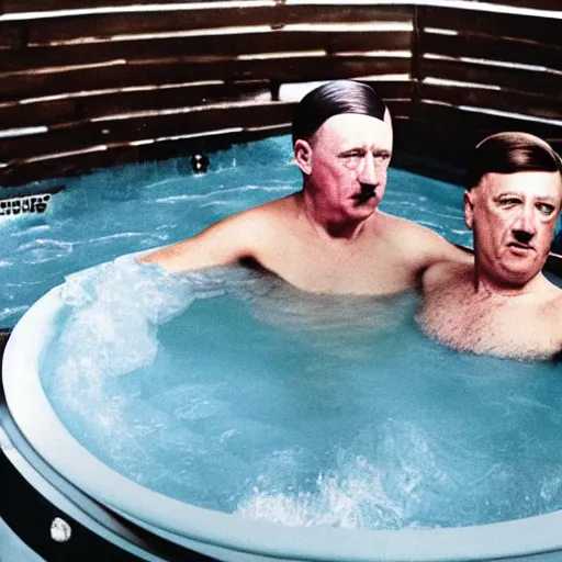 Prompt: UHD candid color photo of Hitler and Joe Biden in a hot tub, accurate faces, UHD, photorealistic, correct face, photo by Annie Leibowitz