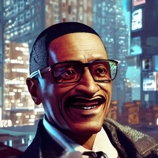 Prompt: gustavo fring from breaking bad smiling like a psycho, walking in a futuristic city, luxury, 4 k, high detail, unreal engine, cyberpunk, blur, artstation by craig mullins