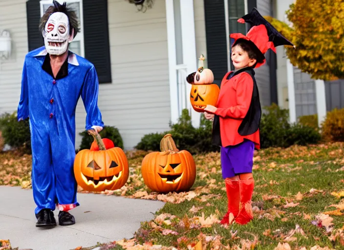 Prompt: dslr photo still of jim varney trick or treating on halloween, 4 k, 1 2 0 mm f 1 6