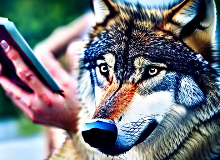 Image similar to portrait of a wolf using a phone, playing games, realistic photograph, high quality, 4 k, full shot