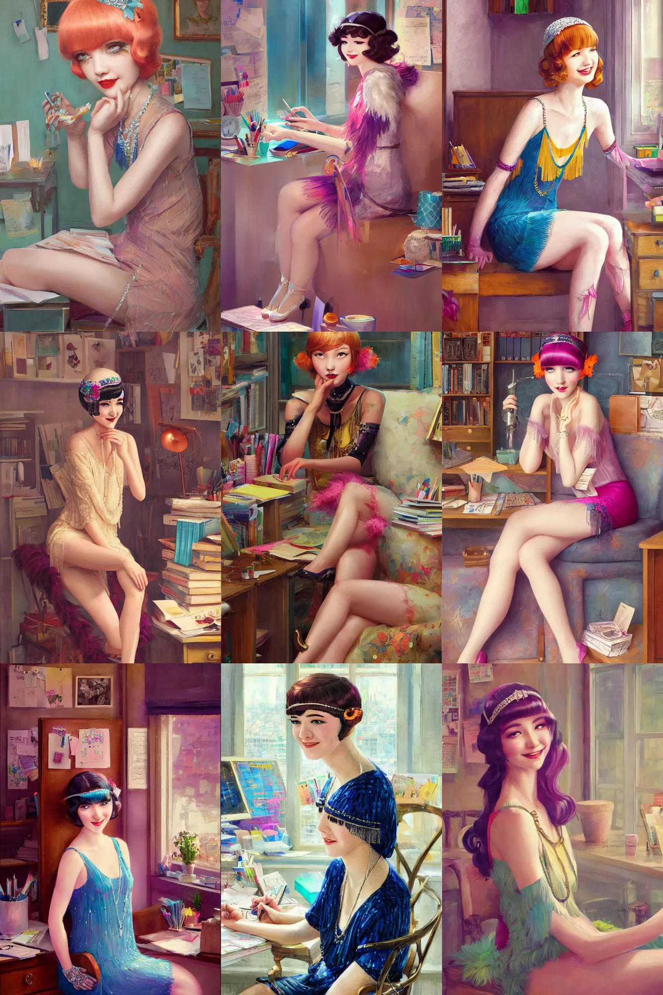 Prompt: a beautiful flapper girl sitting in her office | | cute - fine - subtle smile, colorful hair, face, pretty face, fine details by stanley artgerm lau, wlop, rossdraws, james jean, andrei riabovitchev, marc simonetti, and sakimichan, trending on artstation