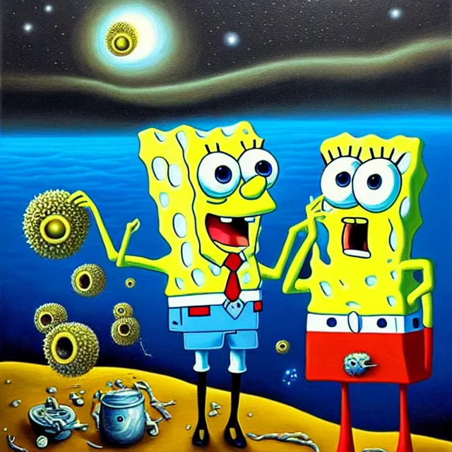 Prompt: an oil on canvas portrait of spongebob squarepants, surrealism, surrealist, cosmic horror, rob gonsalves, high detail