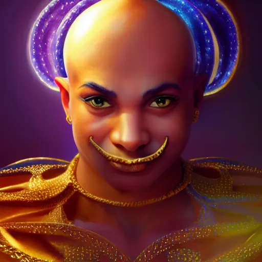 Image similar to all powerful genie, ecstatic, infinite power, manic, perfect eyes, full body shot, magical being, magic, portrait, noble, transformation, vivid colors, elegant, concept art, sharp focus, digital art, Hyper-realistic, 4K, Unreal Engine, Highly Detailed, HD, Dramatic Lighting by Brom, trending on Artstation