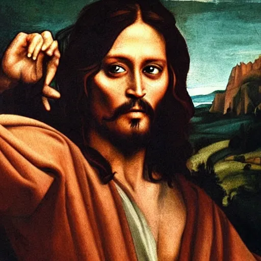 Image similar to johnny depp as jesus christ painted by michelangelo, sistine chapel