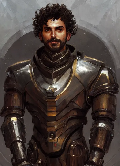 Image similar to medium-length portrait of a male paladin with short curly hair and a dark beard, dark brown skin, happy expression, wears a suit of power armor, gundam, medieval setting, highly detailed, digital painting, artstation, concept art, sharp focus, illustration, art by greg rutkowski and alphonse mucha