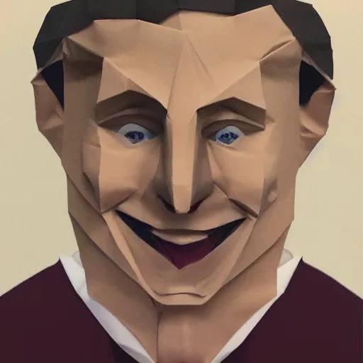 Image similar to an origami portrait of a caucasian man with wavey short hair, friedly smile, raised eyebrows