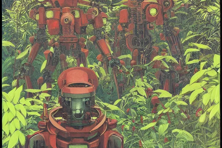 Prompt: gigantic man head, a lot of exotic vegetation around, trees, tremendous mecha robot, flowers, risograph!, oldschool vintage sci - fi flat surreal design, super - detailed, painting by moebius and satoshi kon and jodorowski