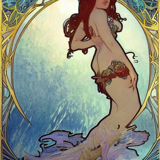 Prompt: an underwater mermaid princess. By Alphonse Mucha and JC Leyendecker Trending on ArtStation