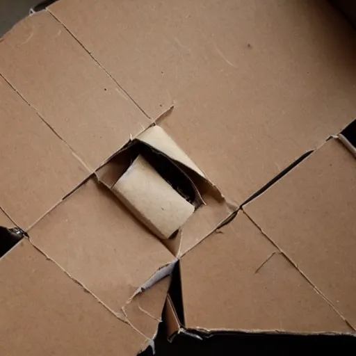 Image similar to broken and damaged cardboard box pulled apart, ripped, wrapped in fragile tape