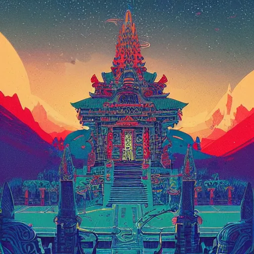 Image similar to highly detailed illustration of a temple on a strange planet, featured in juxtapoz magazine, featured in behance, by kilian eng, by thomas rome