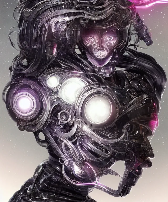 Image similar to a woman turning into an Android portrait wearing a part cybernetic body, surrealism , scifi, intricate mecha armor, elegant, sharp eyebrows, ornate long flowing hair, highly detailed cybernetic body, neon glowing eyes, digital painting, artstation, concept art, smooth, sharp focus, illustration, art by Artgerm and moebius and Peter Mohrbacher
