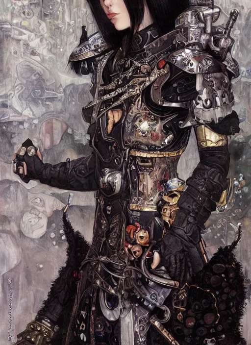 Prompt: portrait of cute beautiful young goth sister of battle from Warhammer, cyberpunk, Warhammer 40000, gothic, highly detailed, artstation, illustration, art by Gustav Klimt and Range Murata