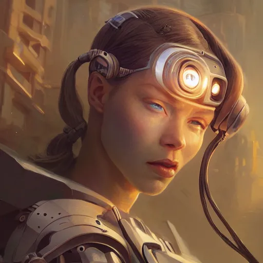 Image similar to highly detailed closeup portrait of a female cyborg, in disney, stephen bliss, unreal engine, art by greg rutkowski, loish, rhads, ferdinand knab, makoto shinkai and lois van baarle, ilya kuvshinov, rossdraws, tom bagshaw, global illumination, radiant light, detailed and intricate environment